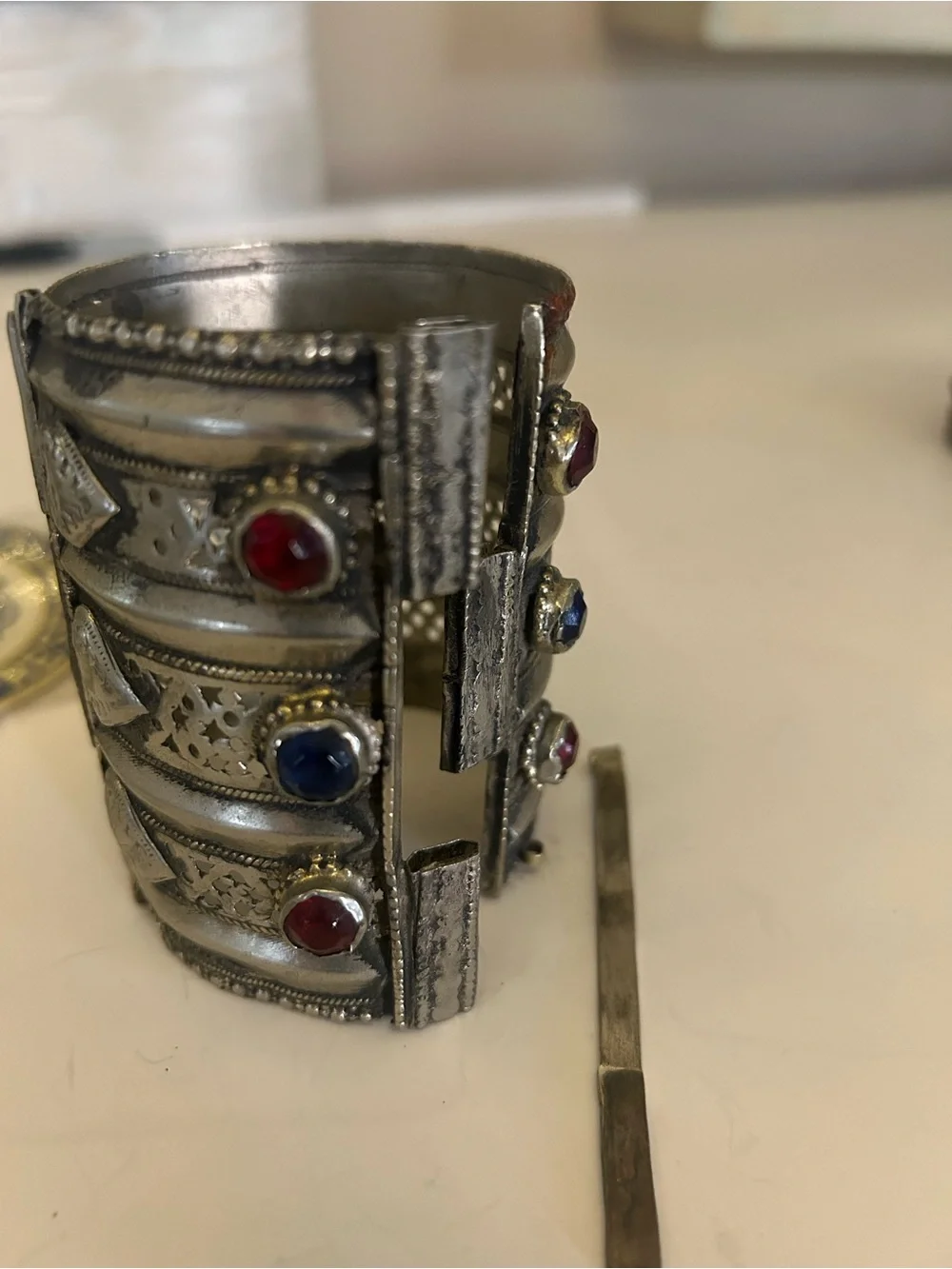 Ethnic Indian Wear Silver-Tone Cuff Bracelet with Red and Blue Stones